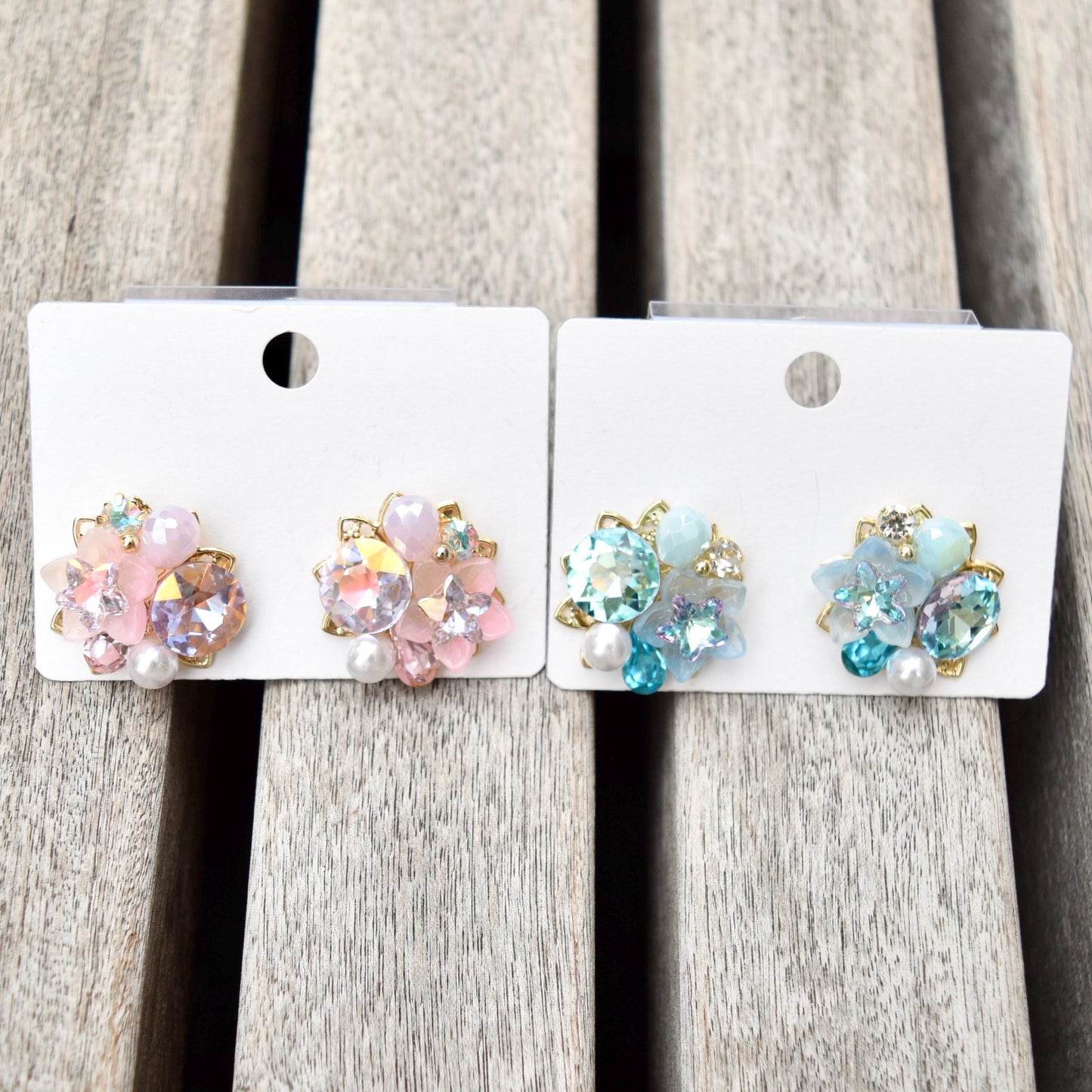 Pink Blue Crystals Flower Stud Earrings