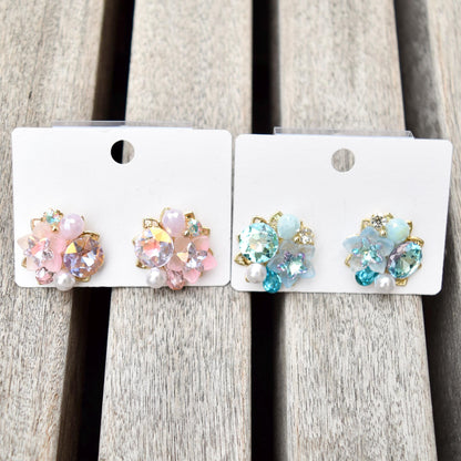 Pink Blue Crystals Flower Stud Earrings