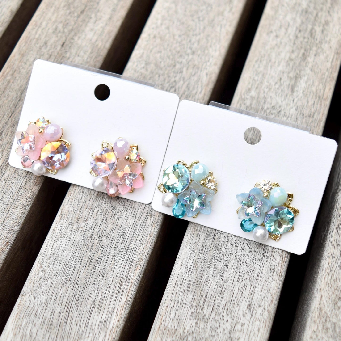 Pink Blue Crystals Flower Stud Earrings