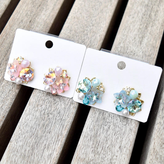 Pink Blue Crystals Flower Stud Earrings