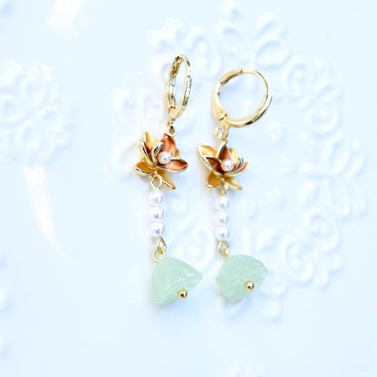 Lotus Pearl Dangle Earrings - Asian Style Enamel Earrings