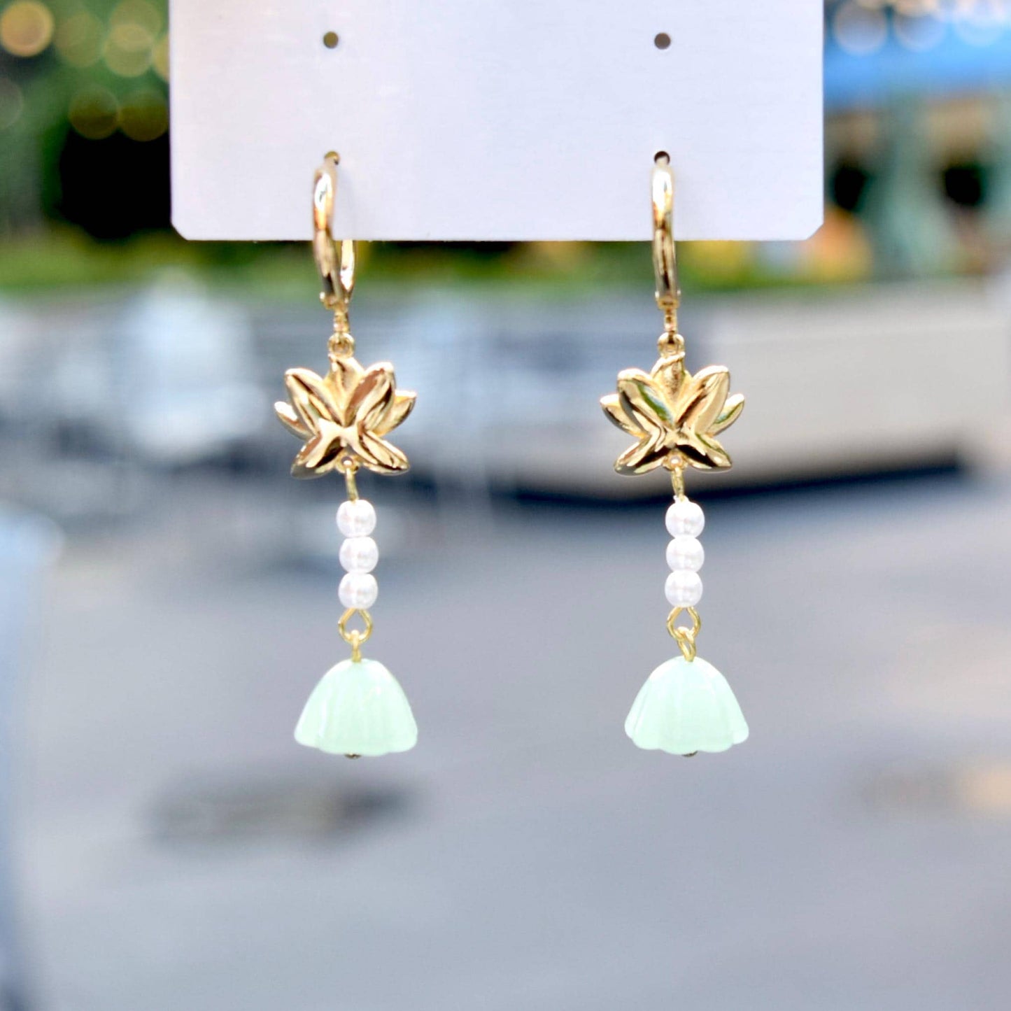Lotus Pearl Dangle Earrings - Asian Style Enamel Earrings
