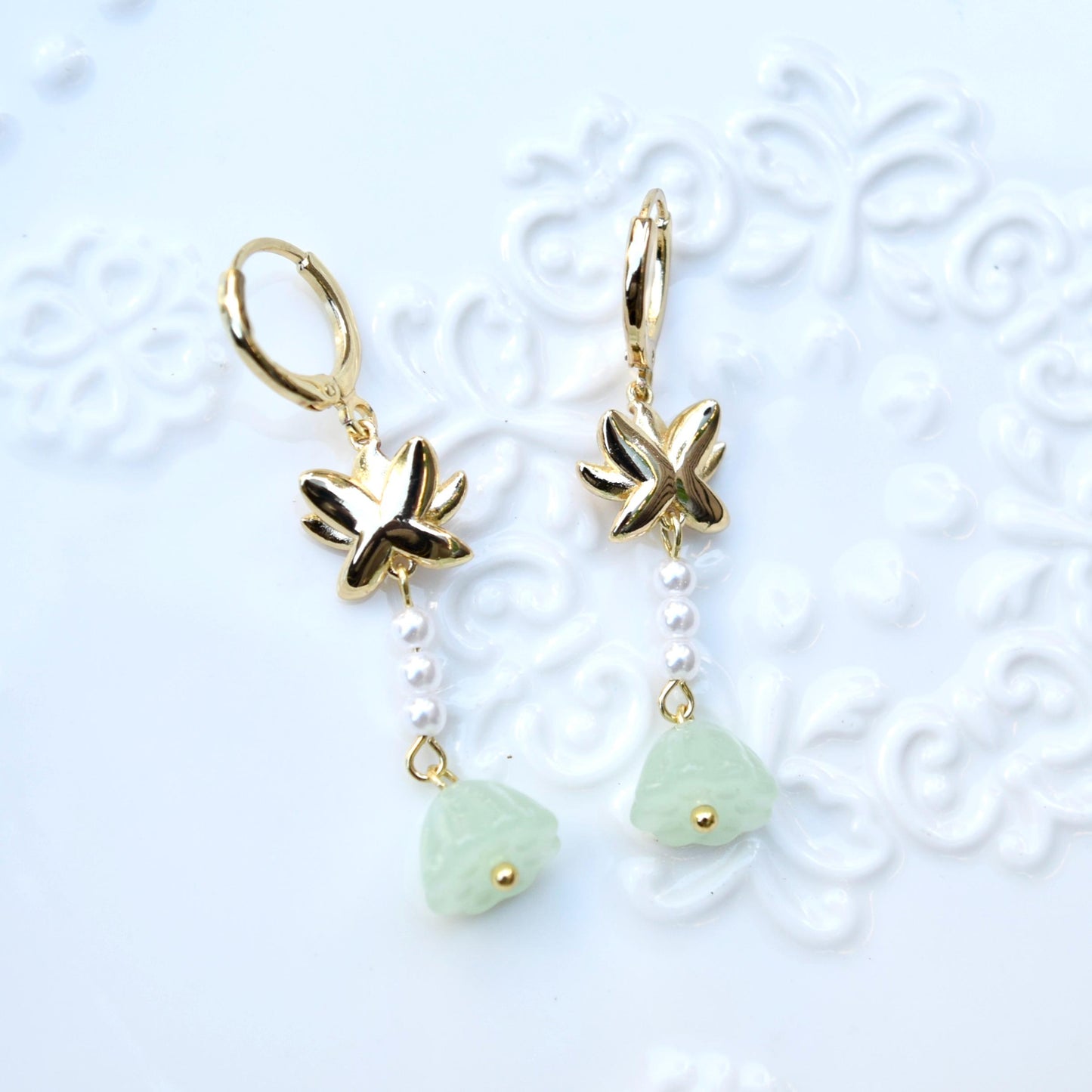 Lotus Pearl Dangle Earrings - Asian Style Enamel Earrings