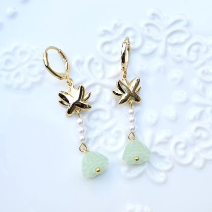Lotus Pearl Dangle Earrings - Asian Style Enamel Earrings