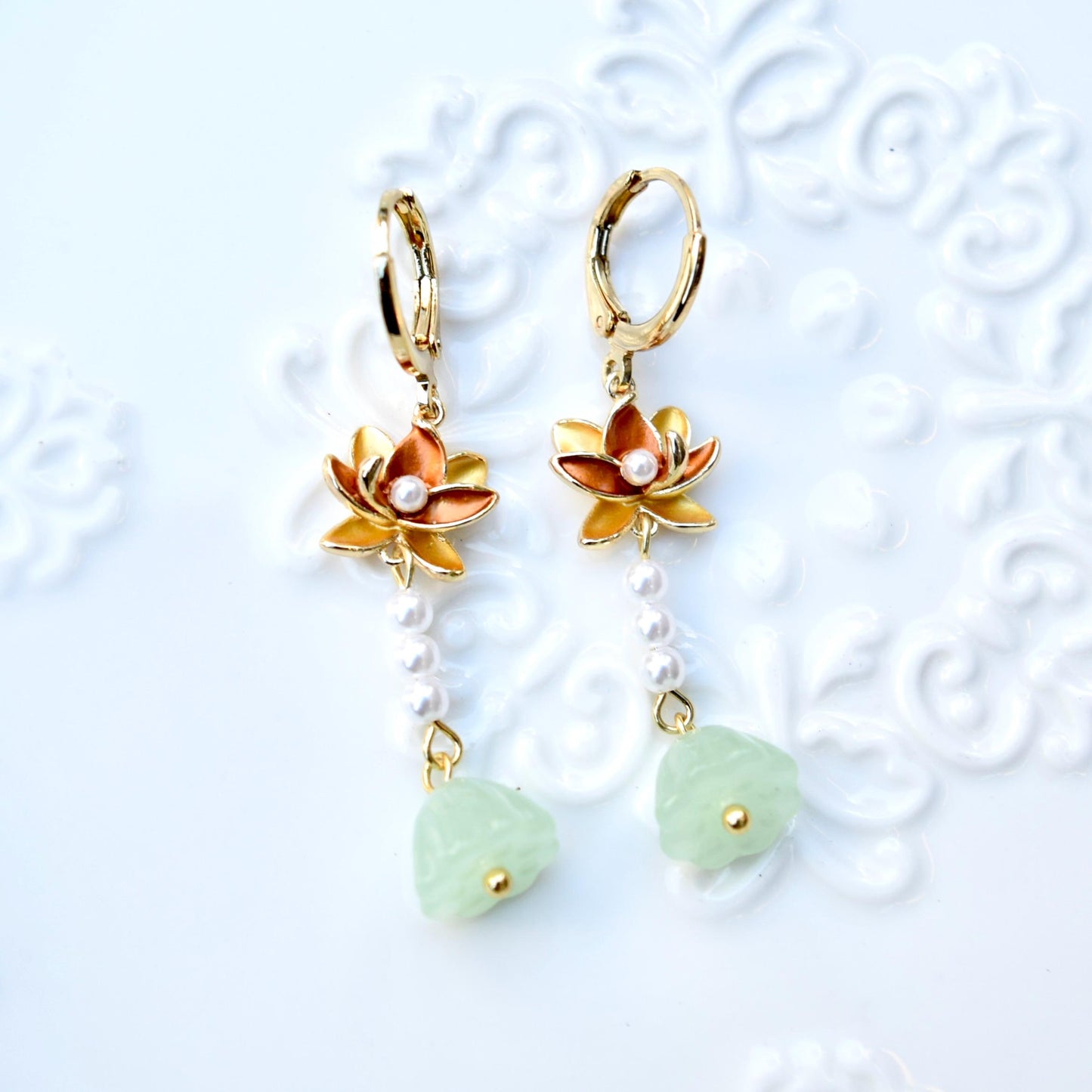 Lotus Pearl Dangle Earrings - Asian Style Enamel Earrings