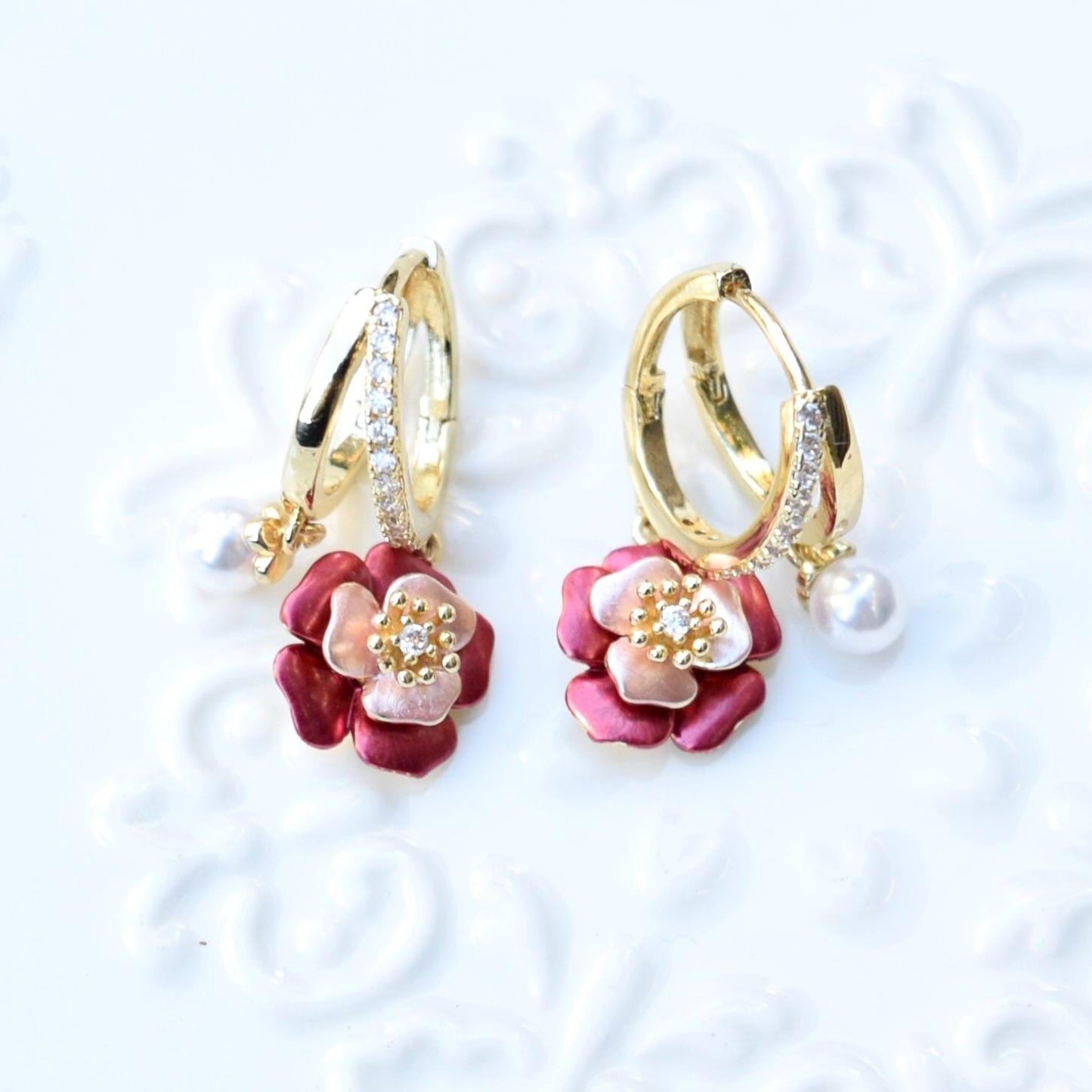 Drip Oil Red Flower Pearl Circle Earrings