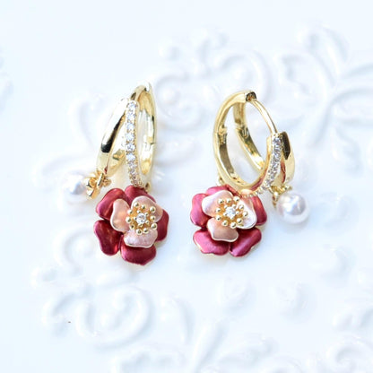Drip Oil Red Flower Pearl Circle Earrings
