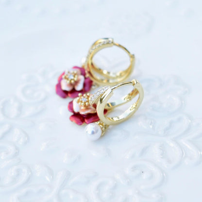Drip Oil Red Flower Pearl Circle Earrings
