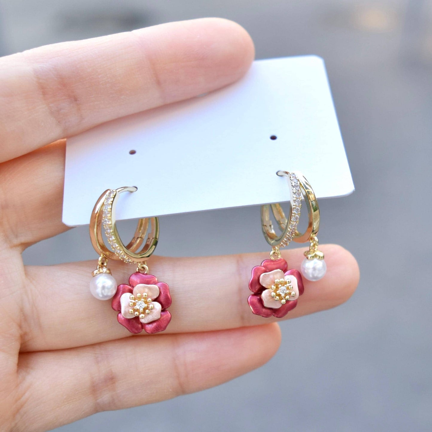 Drip Oil Red Flower Pearl Circle Earrings