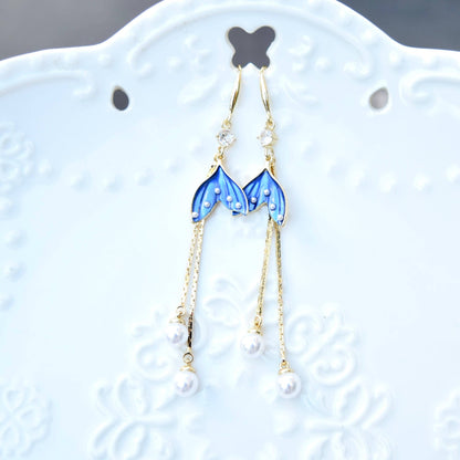 Blue Fish Tail Tassel Earrings - Dripping Oil