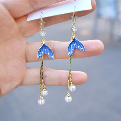 Blue Fish Tail Tassel Earrings - Dripping Oil