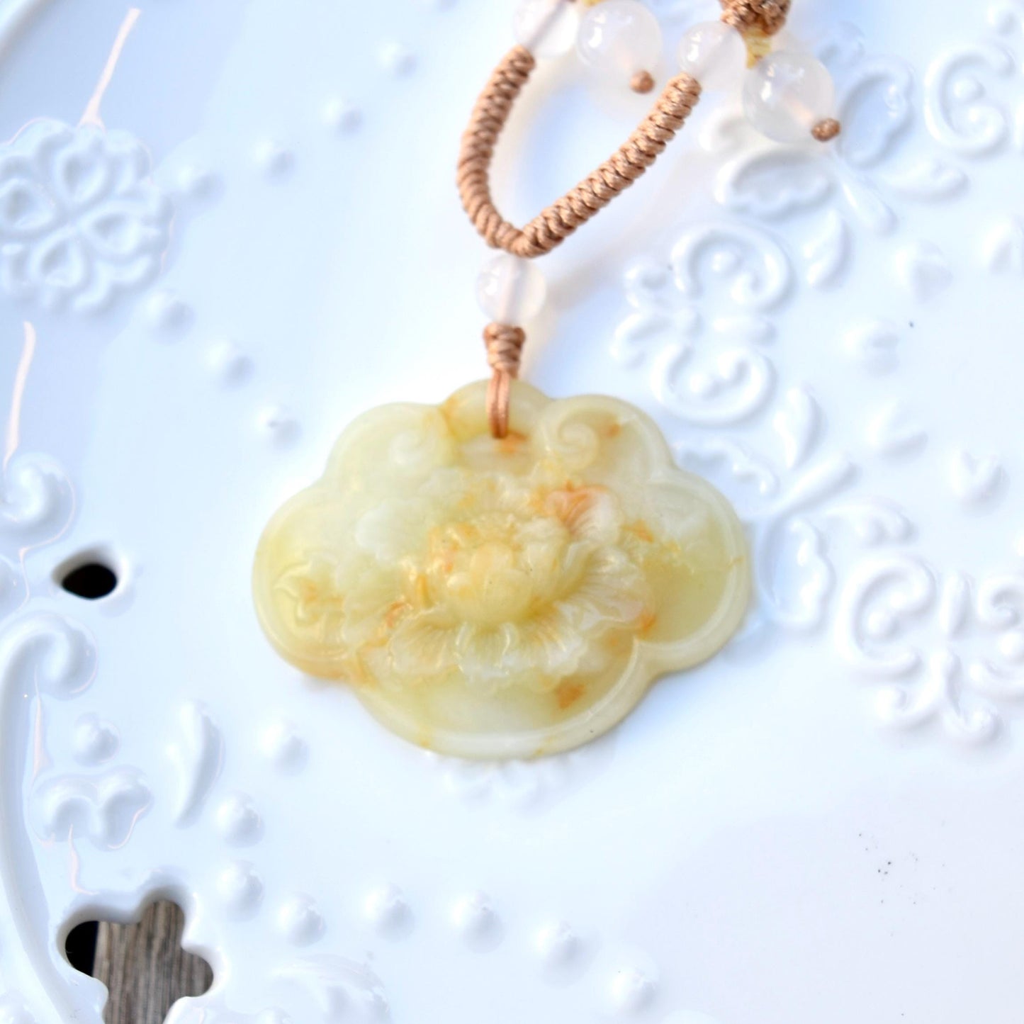 Peony Pendant Braided Rope Necklace - Yellow Serpentine Jade