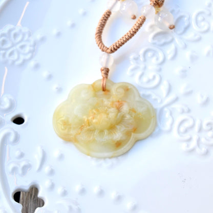 Peony Pendant Braided Rope Necklace - Yellow Serpentine Jade