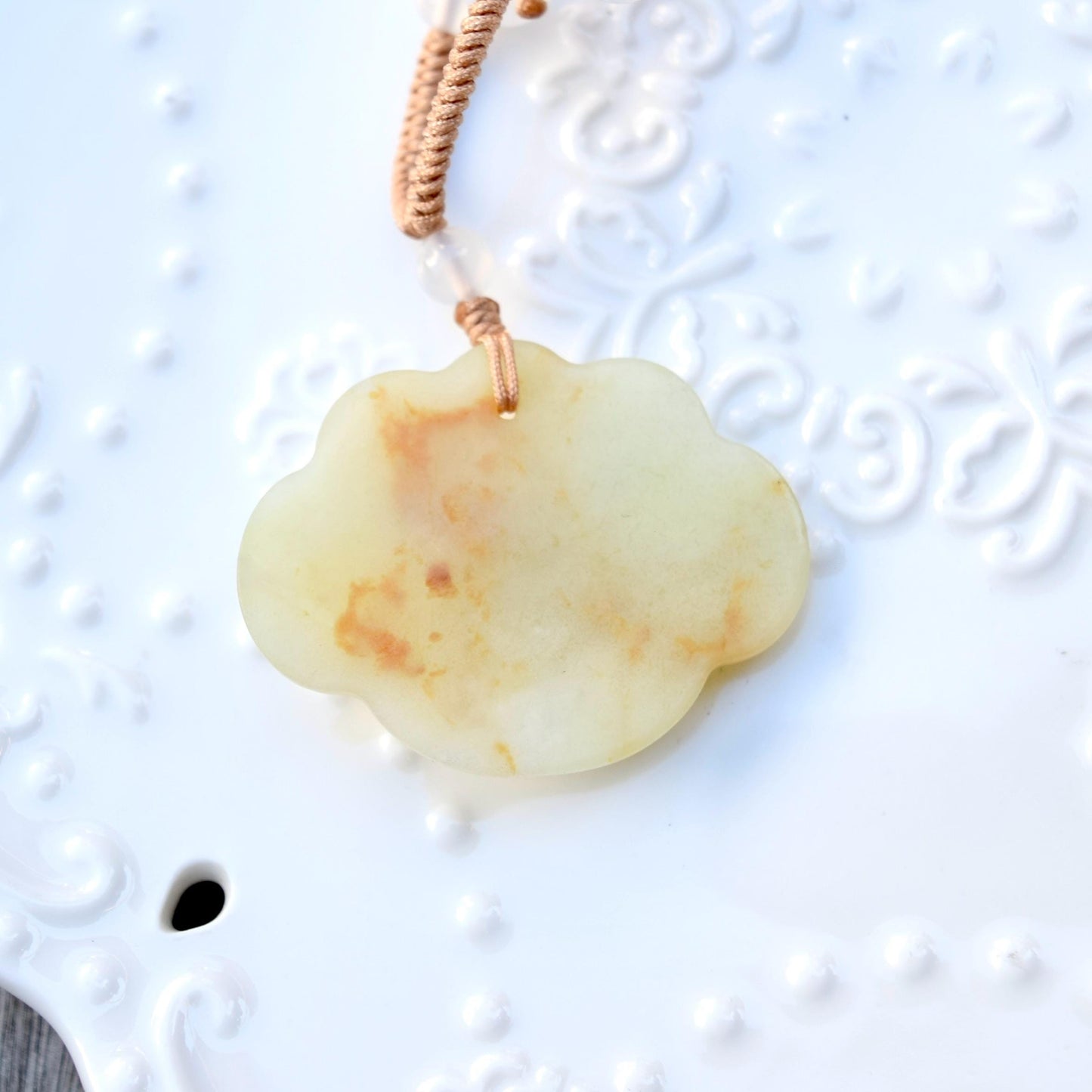 Peony Pendant Braided Rope Necklace - Yellow Serpentine Jade