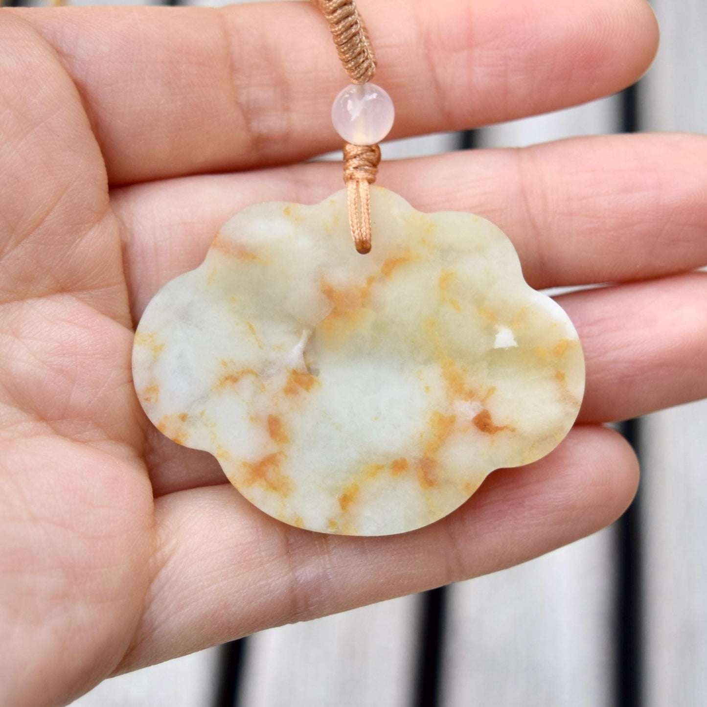 Peony Pendant Braided Rope Necklace - Yellow Serpentine Jade