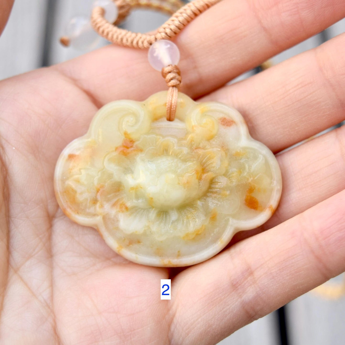 Peony Pendant Braided Rope Necklace - Yellow Serpentine Jade