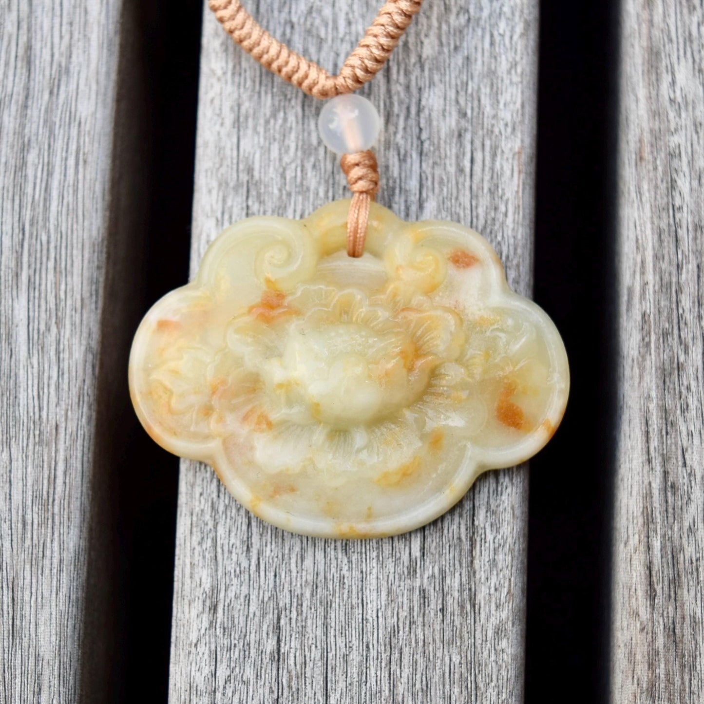 Peony Pendant Braided Rope Necklace - Yellow Serpentine Jade