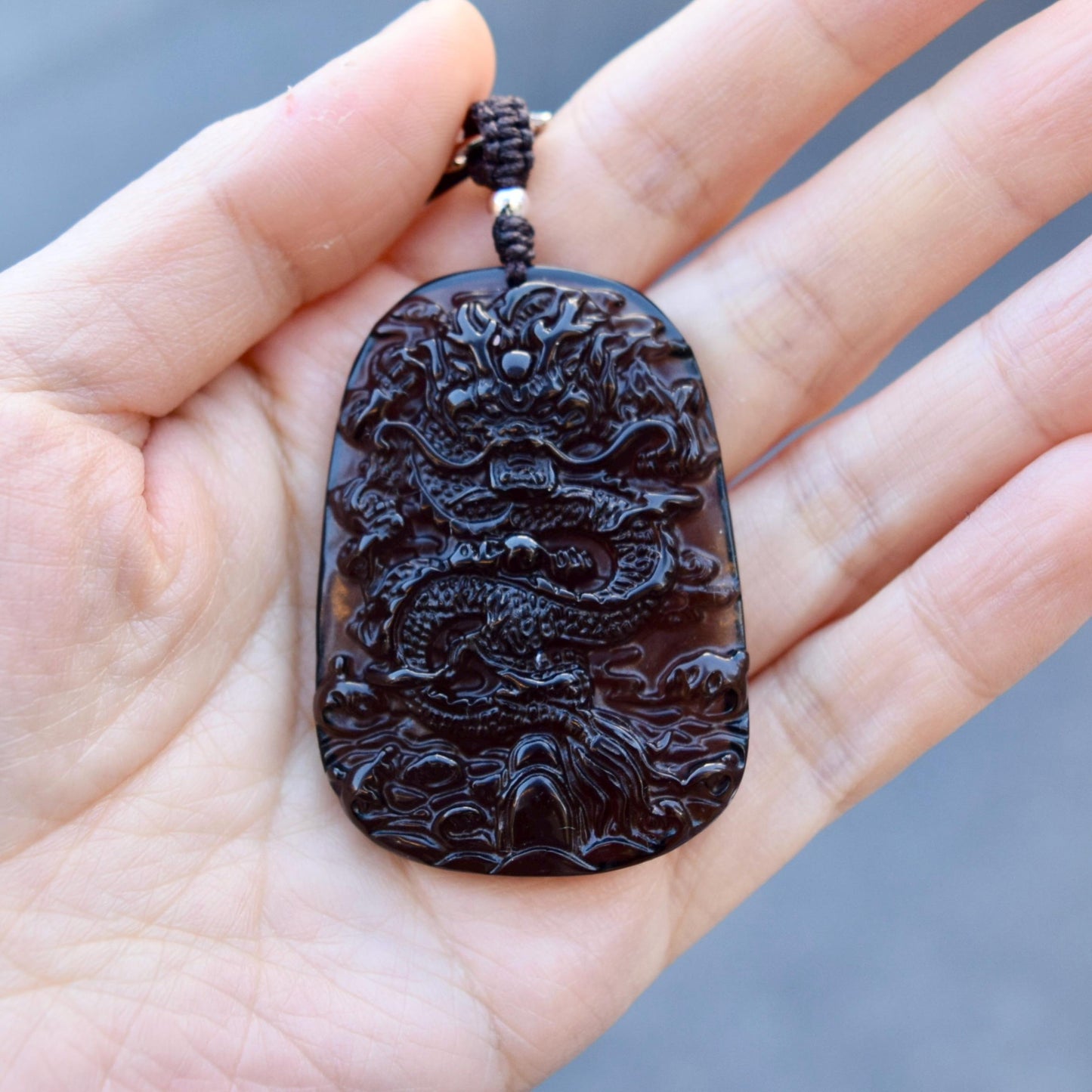 Icy Black Obsidian Dragon Pendant Necklace
