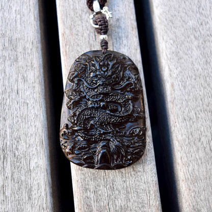 Icy Black Obsidian Dragon Pendant Necklace