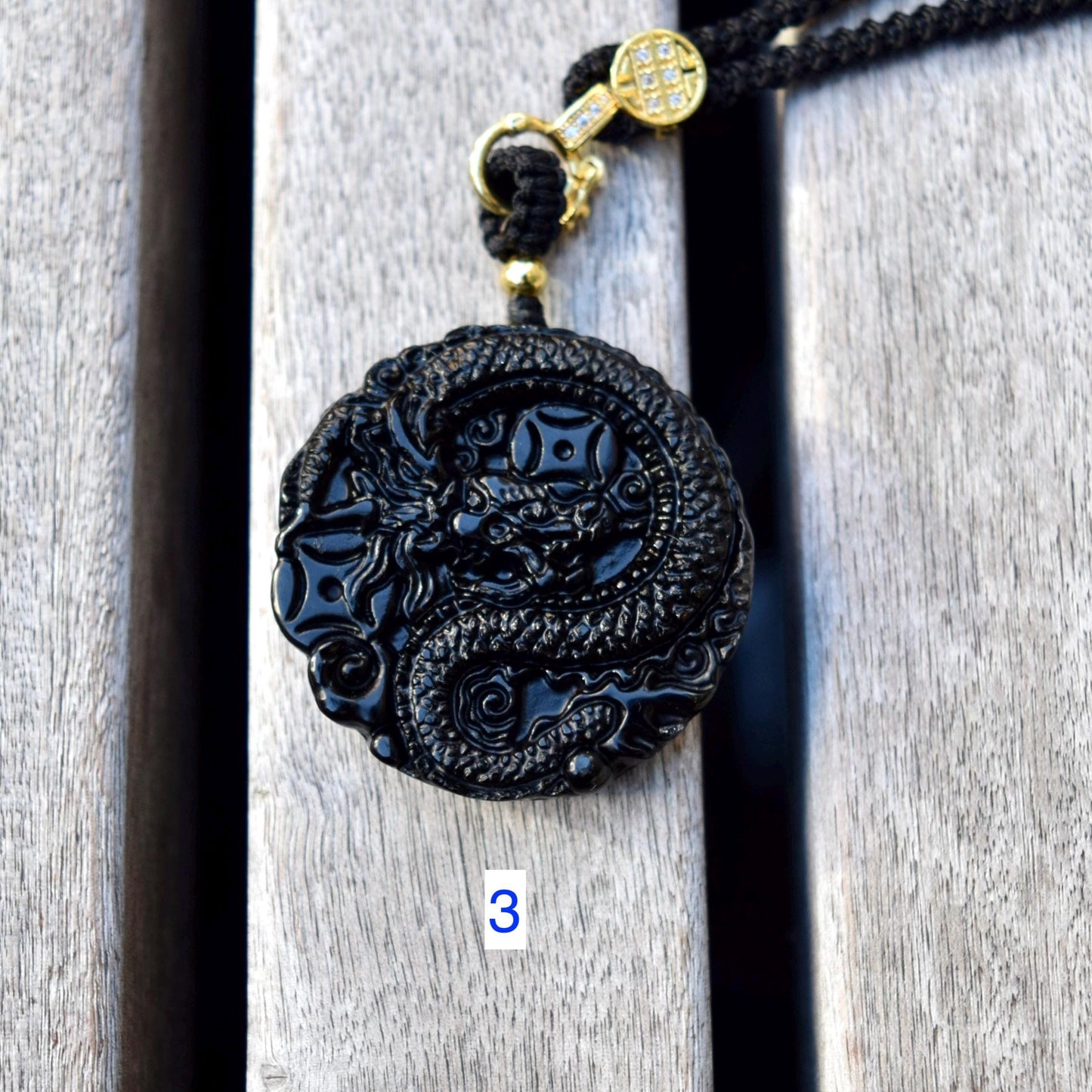 Black Obsidian Dragon Circle Pendant Necklace
