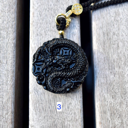 Black Obsidian Dragon Circle Pendant Necklace