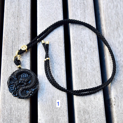 Black Obsidian Dragon Circle Pendant Necklace