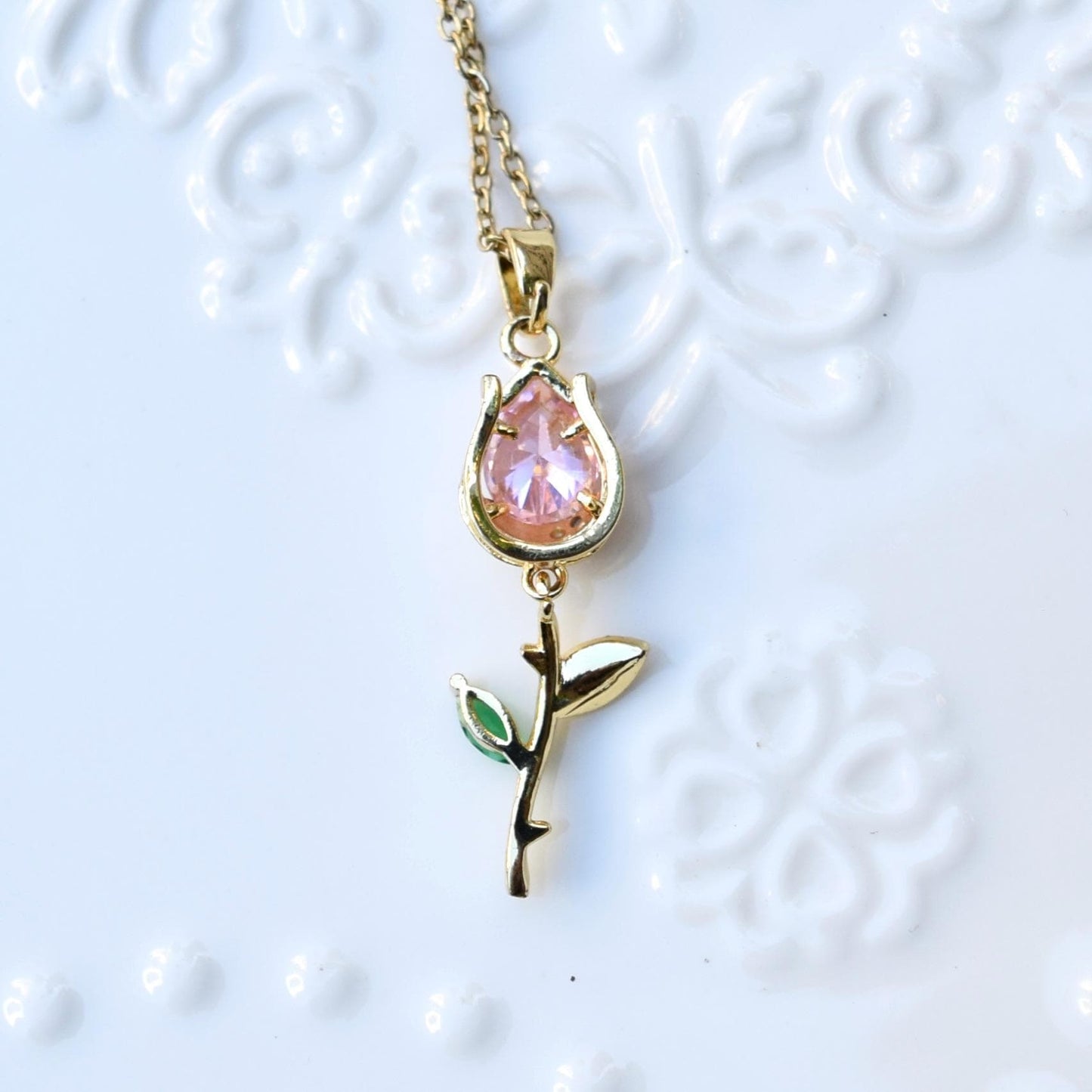 Pink Crystal Tulip Flower Charm Silver Necklace - Stainless Steel