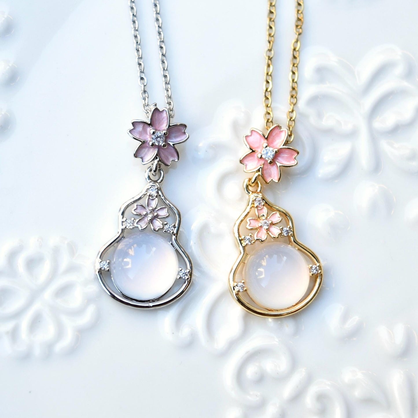 Sakura Gourd Charm Necklace - Pink Dripping Oil Stainless Steel