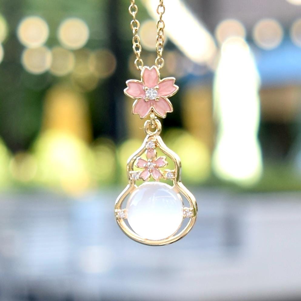 Sakura Gourd Charm Necklace - Pink Dripping Oil Stainless Steel