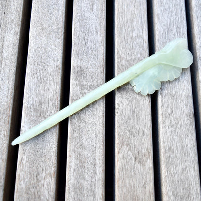 Green Carved Daisy Flower Hairpin - Serpentine Jade Hair Stick