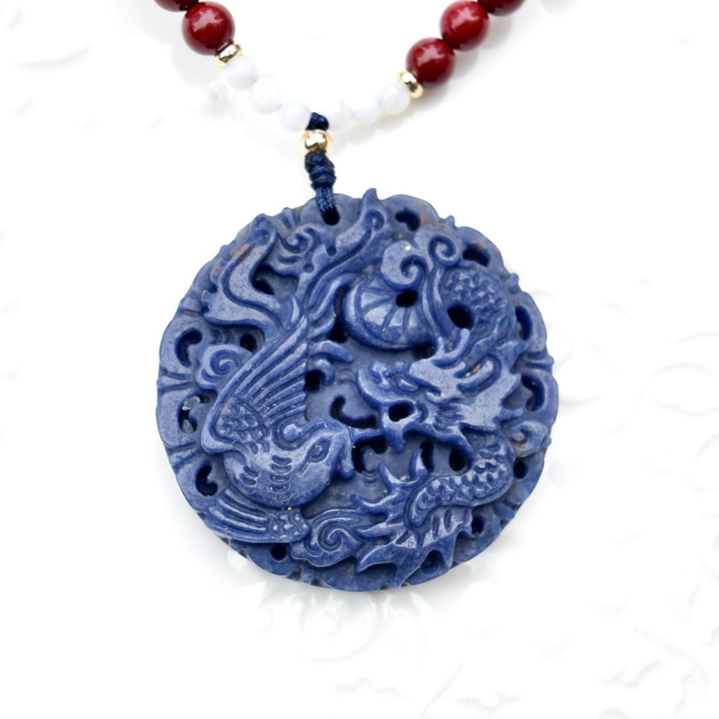 Blue Dragon Phoenix Necklace - Sodalite - Cinnabar Beaded Chain