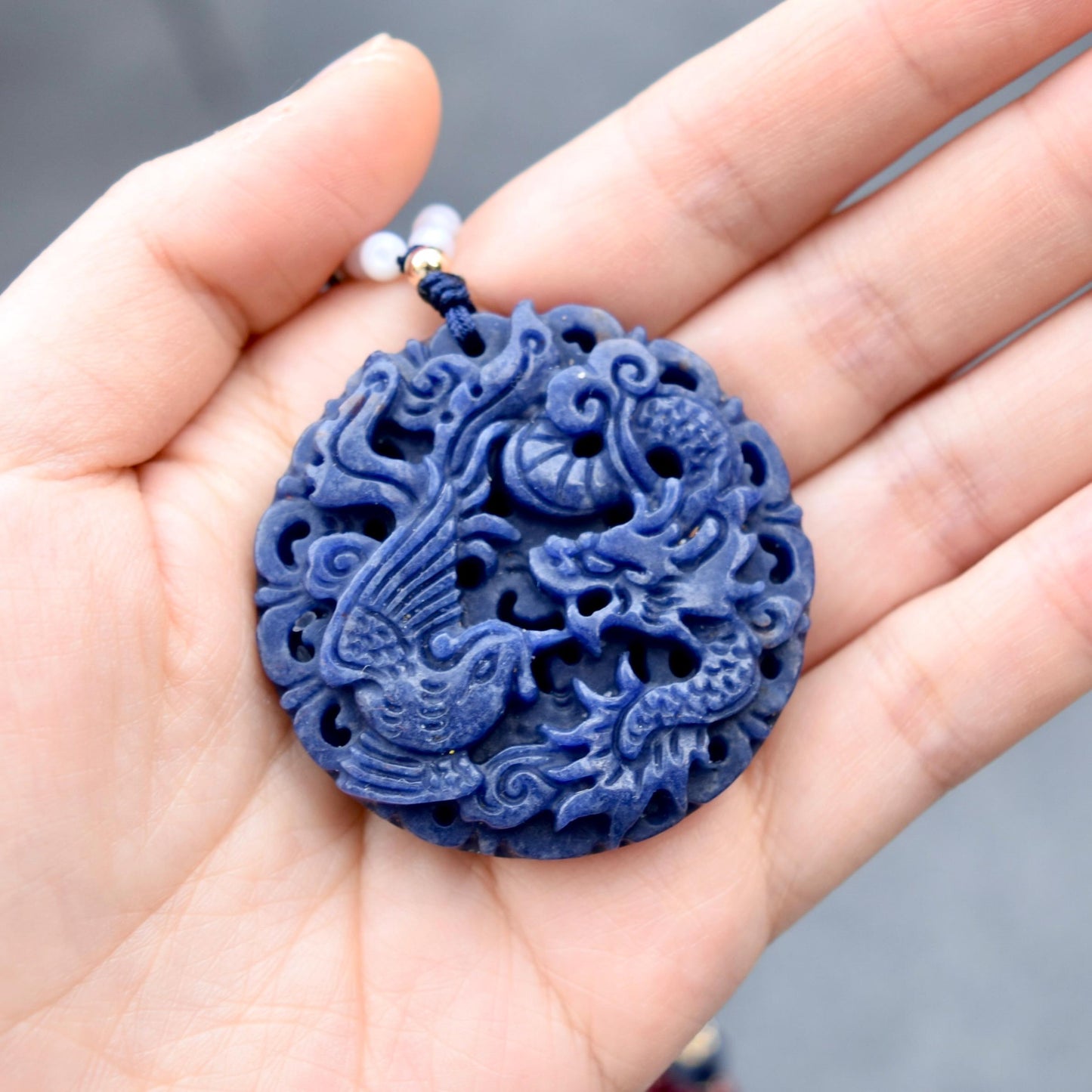 Blue Dragon Phoenix Necklace - Sodalite - Cinnabar Beaded Chain