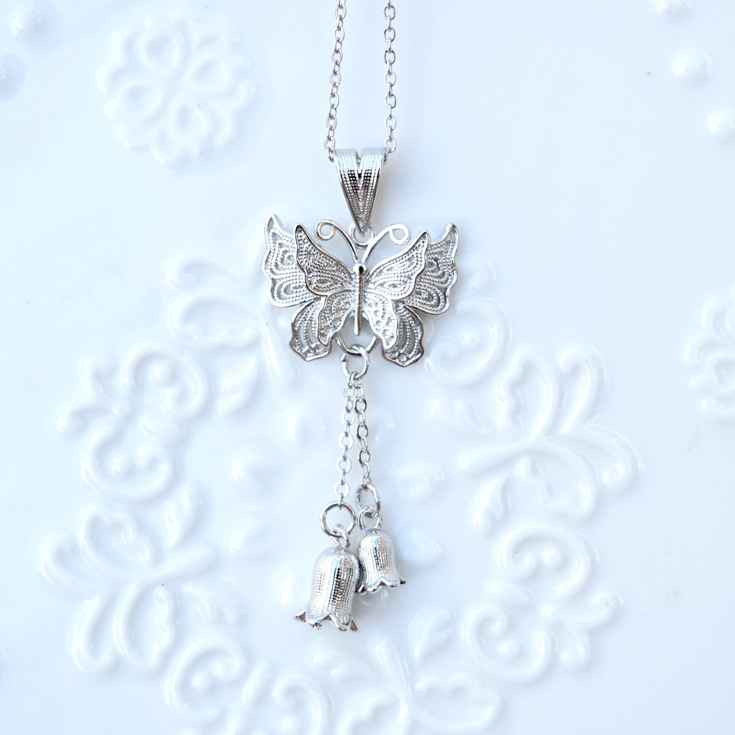 Butterfly Lily Charm Necklace - Stainless Steel Necklace