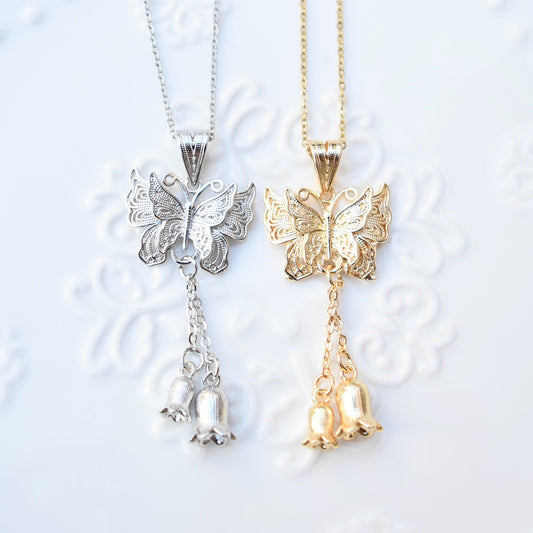 Butterfly Lily Charm Necklace - Stainless Steel Necklace