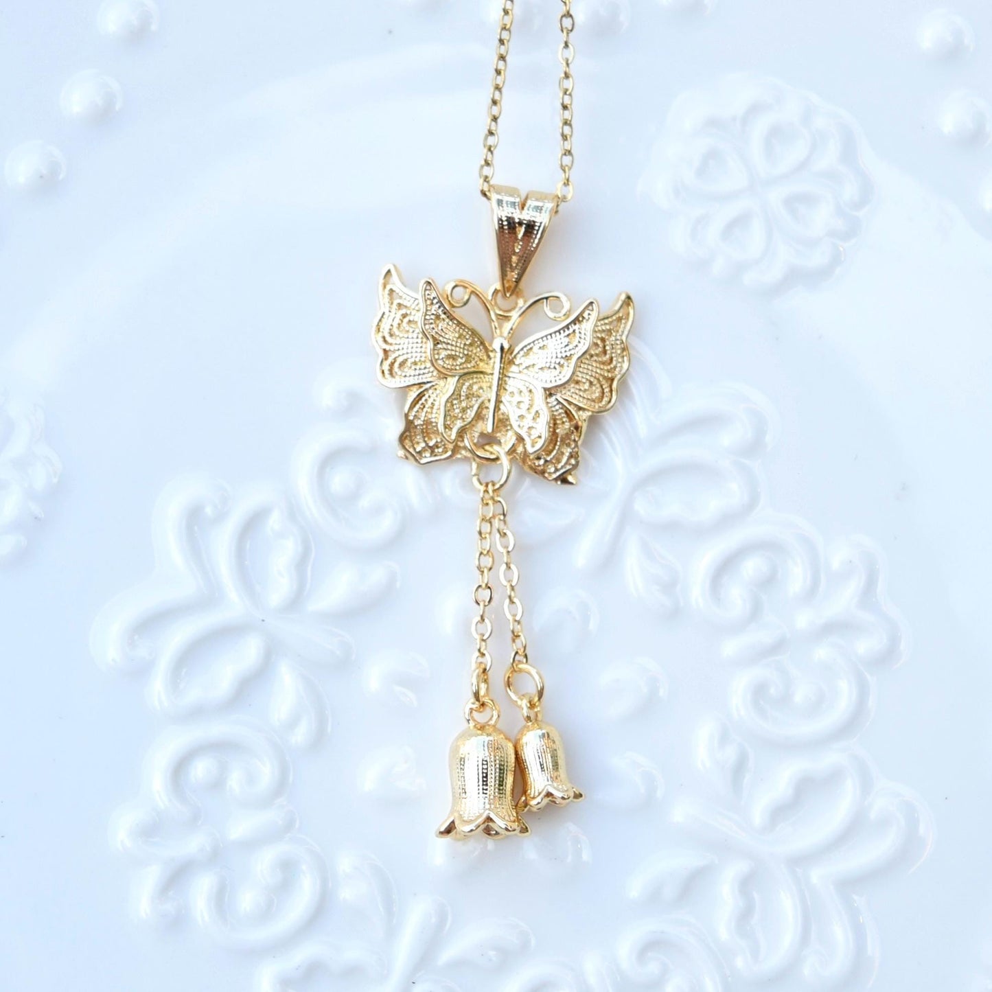 Butterfly Lily Charm Necklace - Stainless Steel Necklace