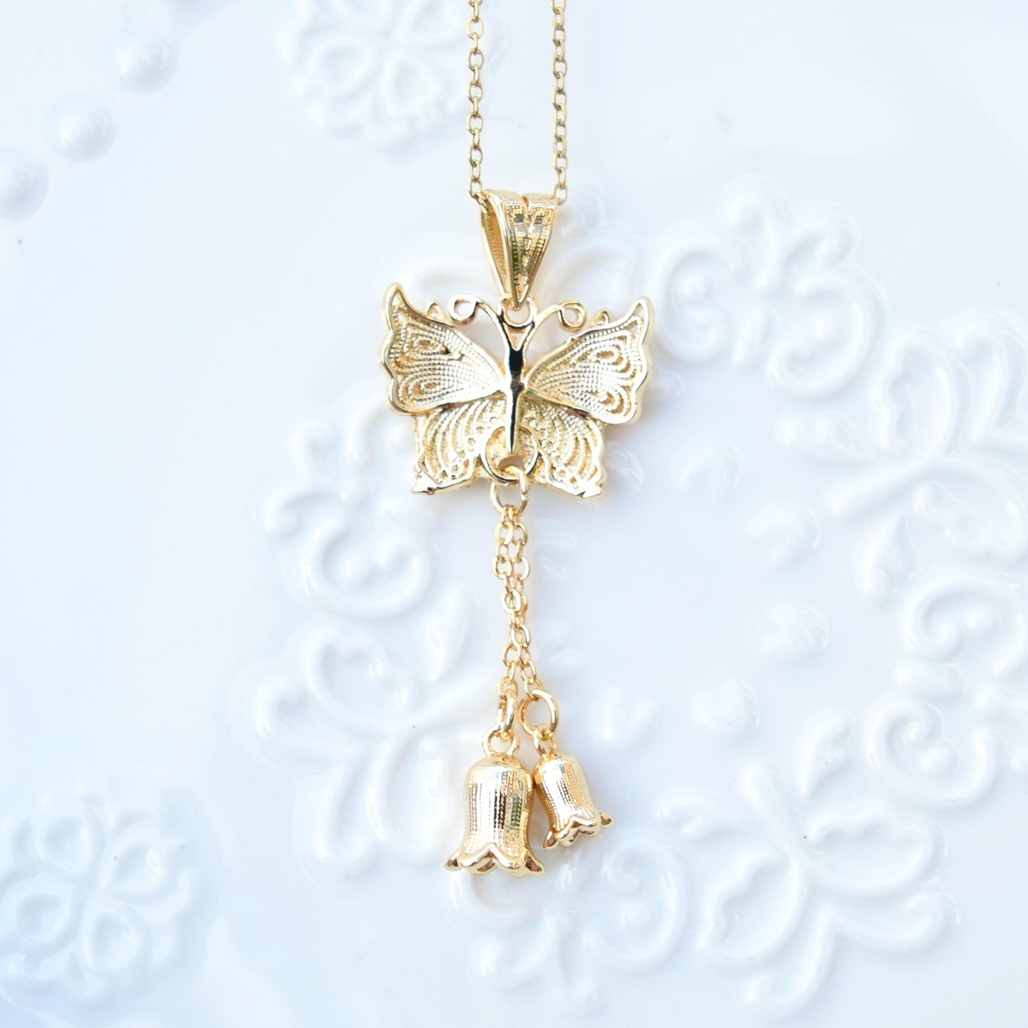 Butterfly Lily Charm Necklace - Stainless Steel Necklace