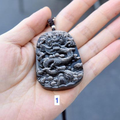 Silver Obsidian Dragon Pendant Necklace