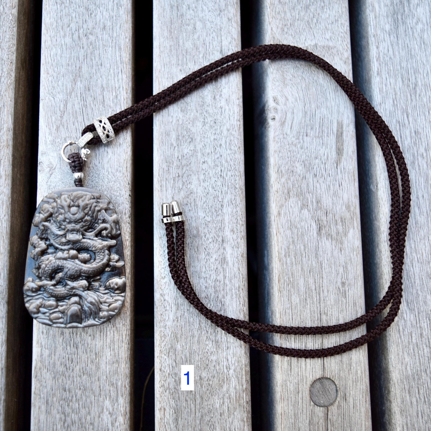 Silver Obsidian Dragon Pendant Necklace