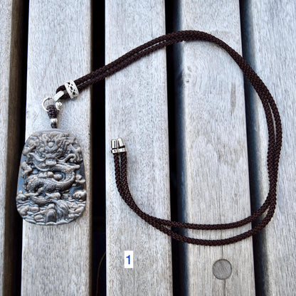 Silver Obsidian Dragon Pendant Necklace