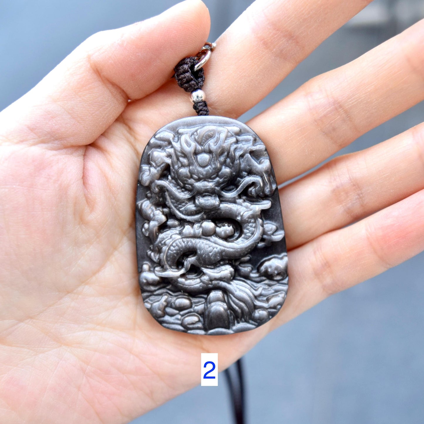 Silver Obsidian Dragon Pendant Necklace