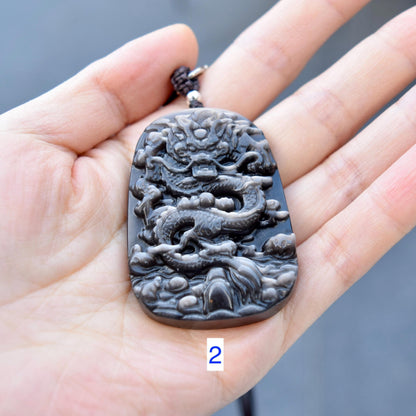 Silver Obsidian Dragon Pendant Necklace