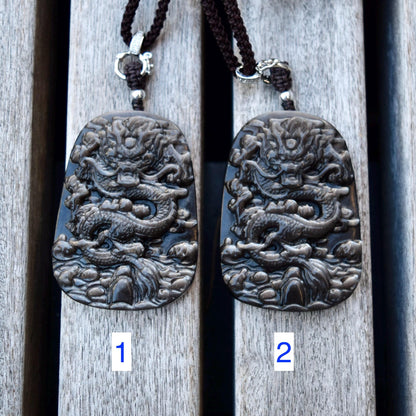 Silver Obsidian Dragon Pendant Necklace