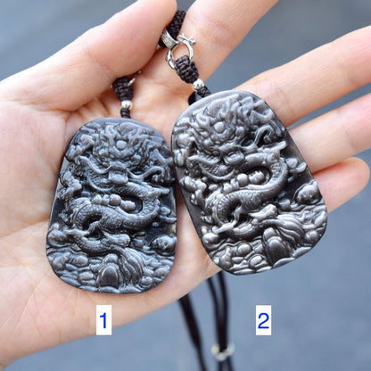 Silver Obsidian Dragon Pendant Necklace