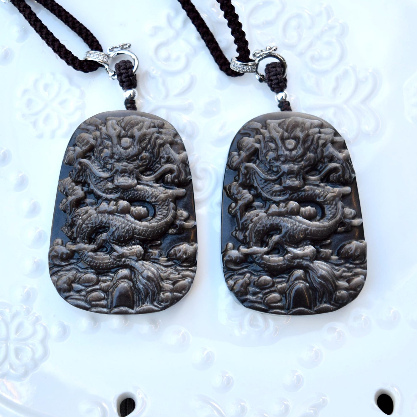 Silver Obsidian Dragon Pendant Necklace