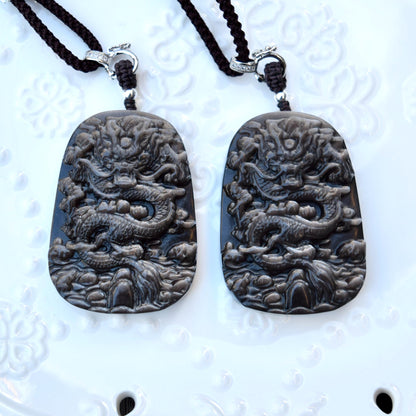 Silver Obsidian Dragon Pendant Necklace