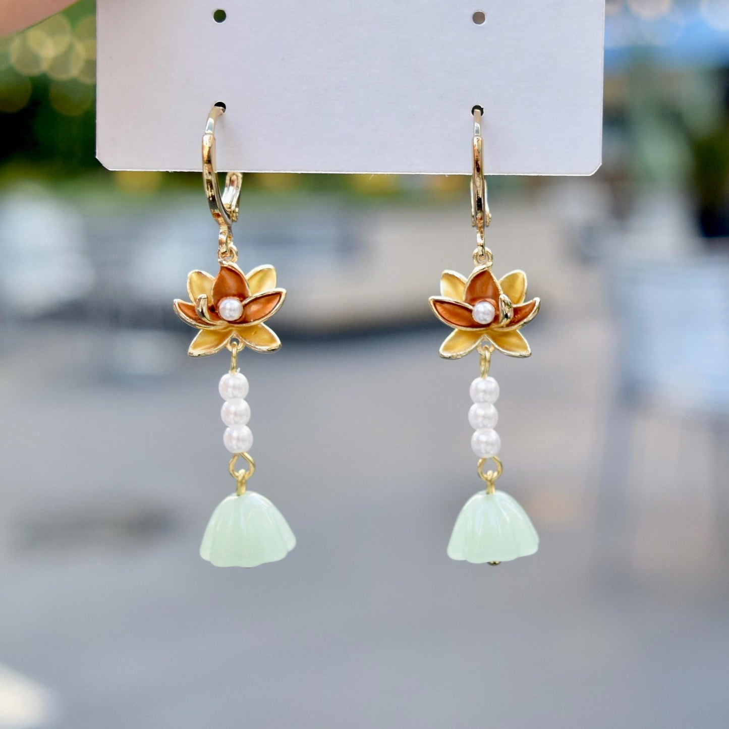 Lotus Pearl Dangle Earrings - Asian Style Enamel Earrings