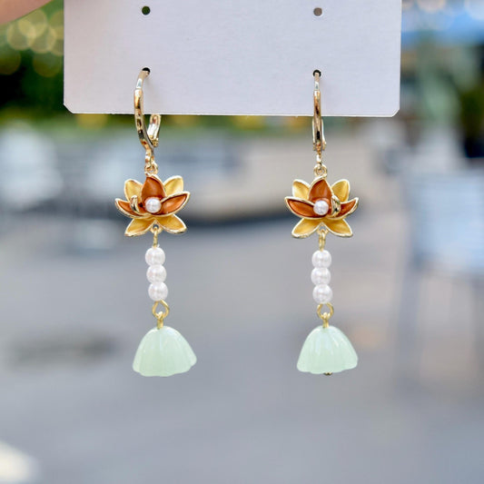 Lotus Pearl Dangle Earrings - Asian Style Enamel Earrings
