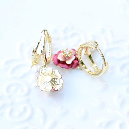 Drip Oil Red Flower Pearl Circle Earrings