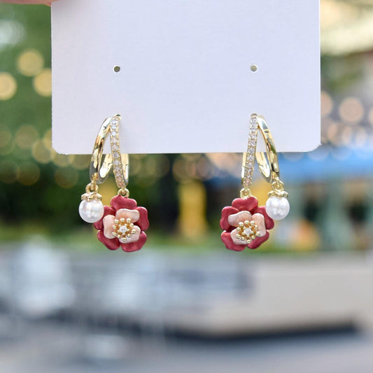 Drip Oil Red Flower Pearl Circle Earrings