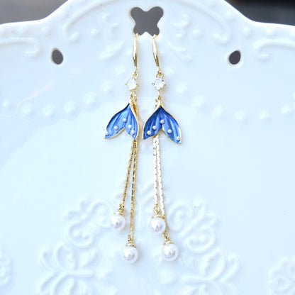 Blue Fish Tail Tassel Earrings - Dripping Oil